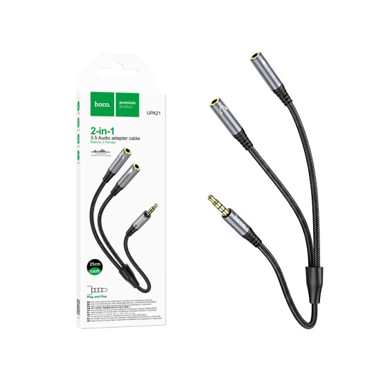 Adaptador de Àudio Hoco UPA21 3,5mm Macho para 2* Fêmea 3,5mm Cinza Metálico